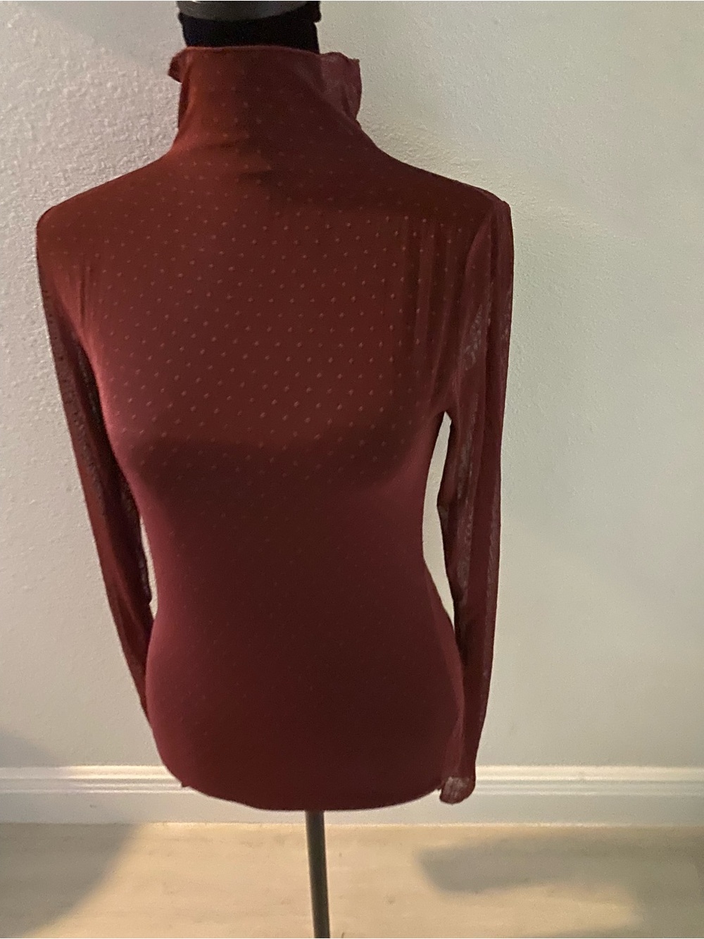 Free People Burgundy Sheer Dot Turtleneck Long-Sleeve Top
